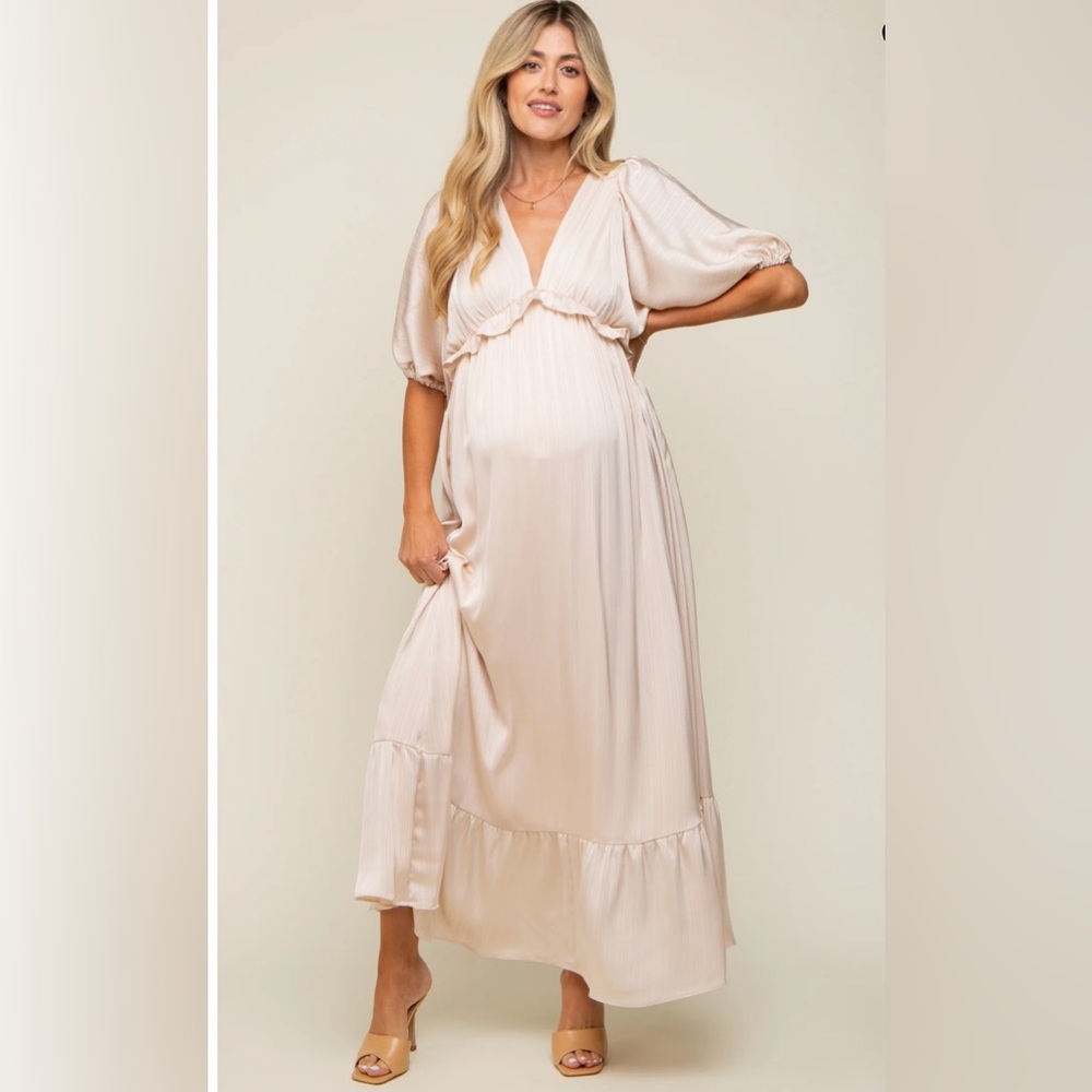 PinkBlush Maternity Beige Striped Ruffle Accent Maternity Maxi Dress Never Worn
